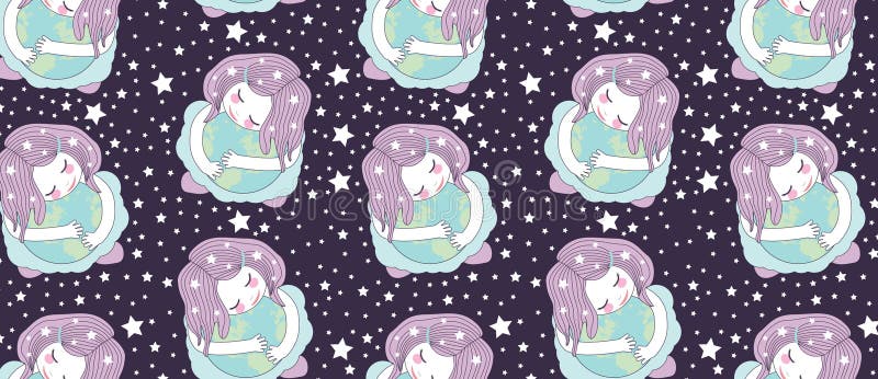 Милая маленькая девочка обнимая глобус концепция заботить для земли планеты Забота для окружающей среды иллюстрация вектора